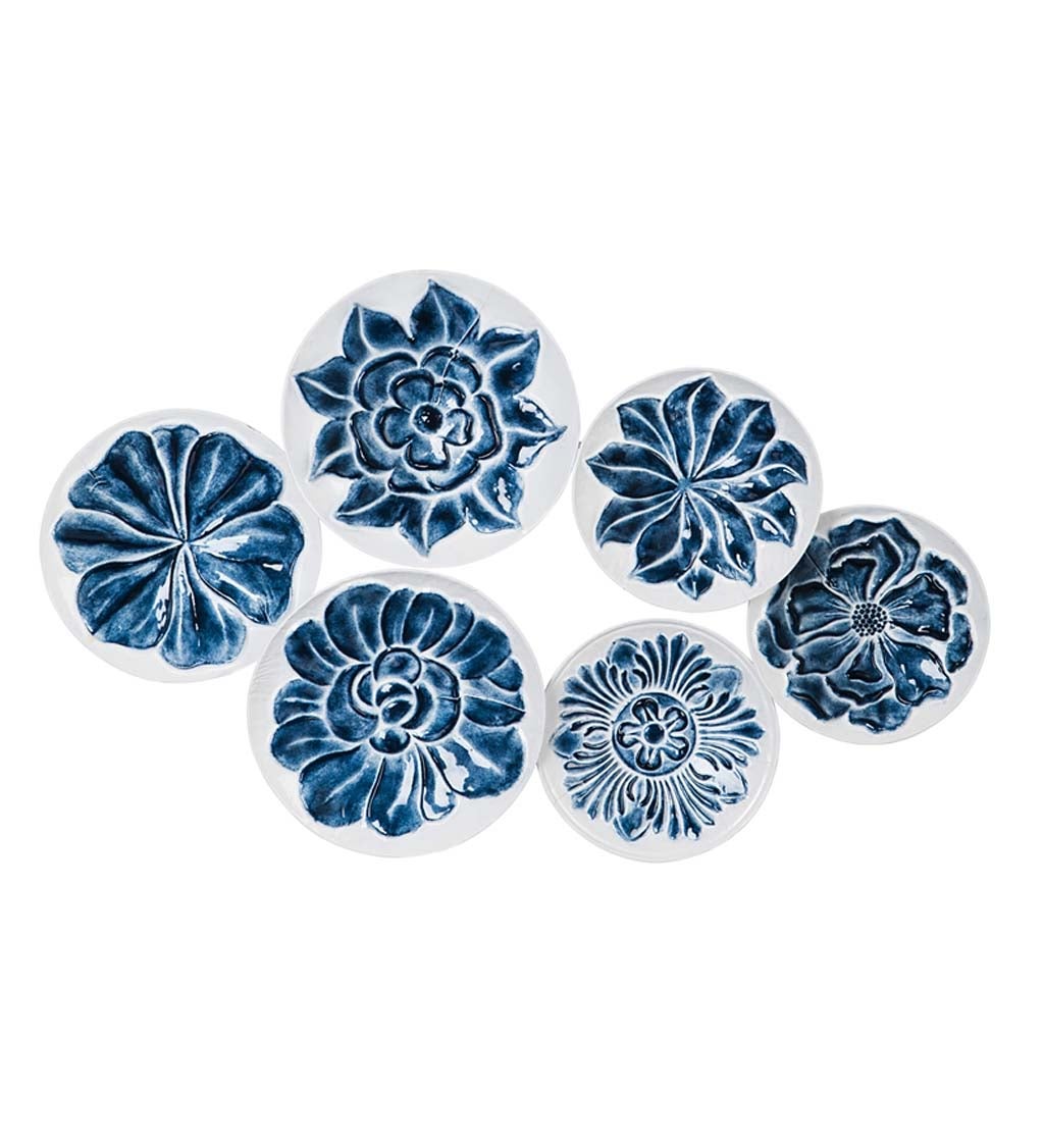 Six Round Plates Blue and White Embossed Wall Decor