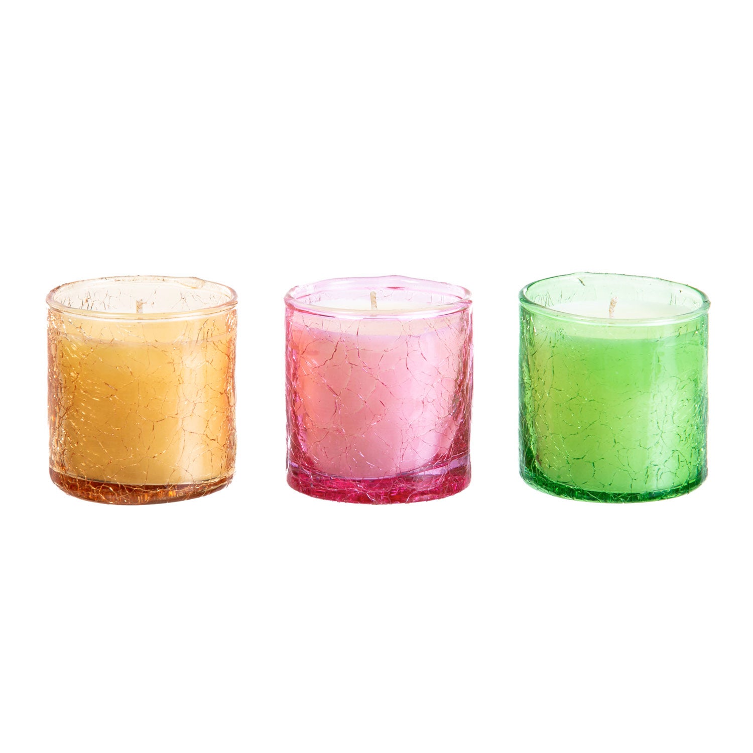 Orange, Pink, and Green Crackle Finish Glass Candles, Set of 3