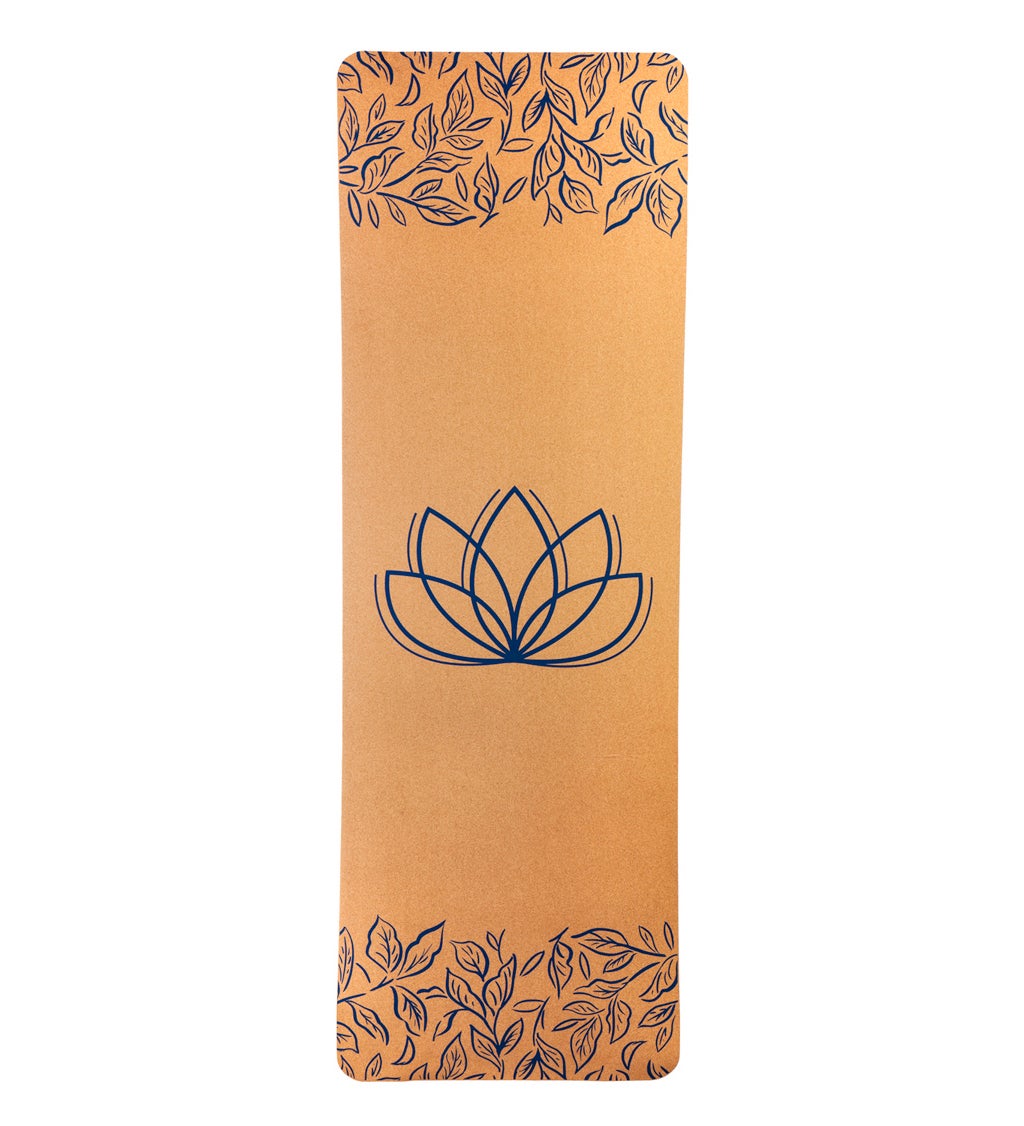 Navy Lotus Antimicrobial Cork Yoga Mat with TPE backing