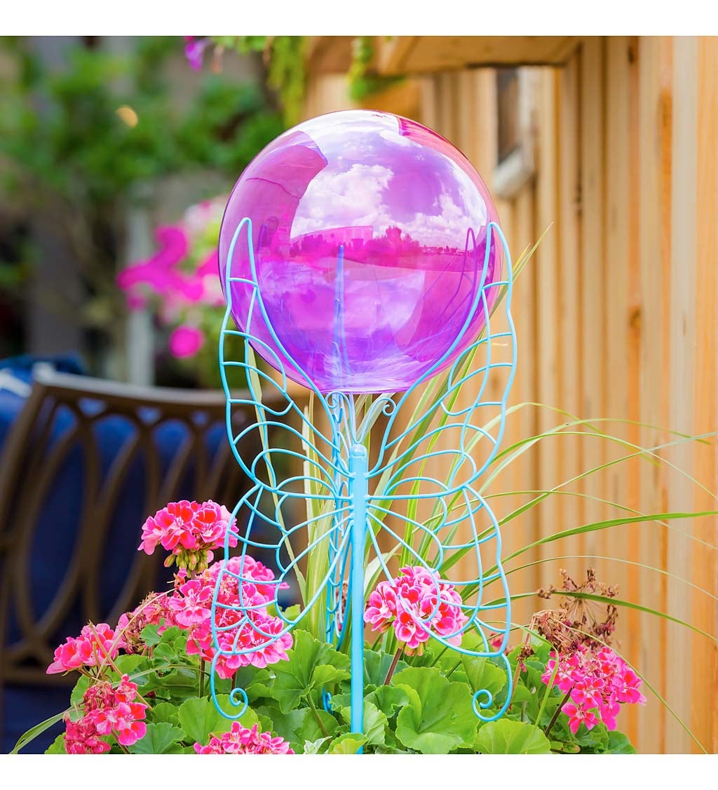 Purple Glass Gazing Ball with Blue Butterfly Metal Stand