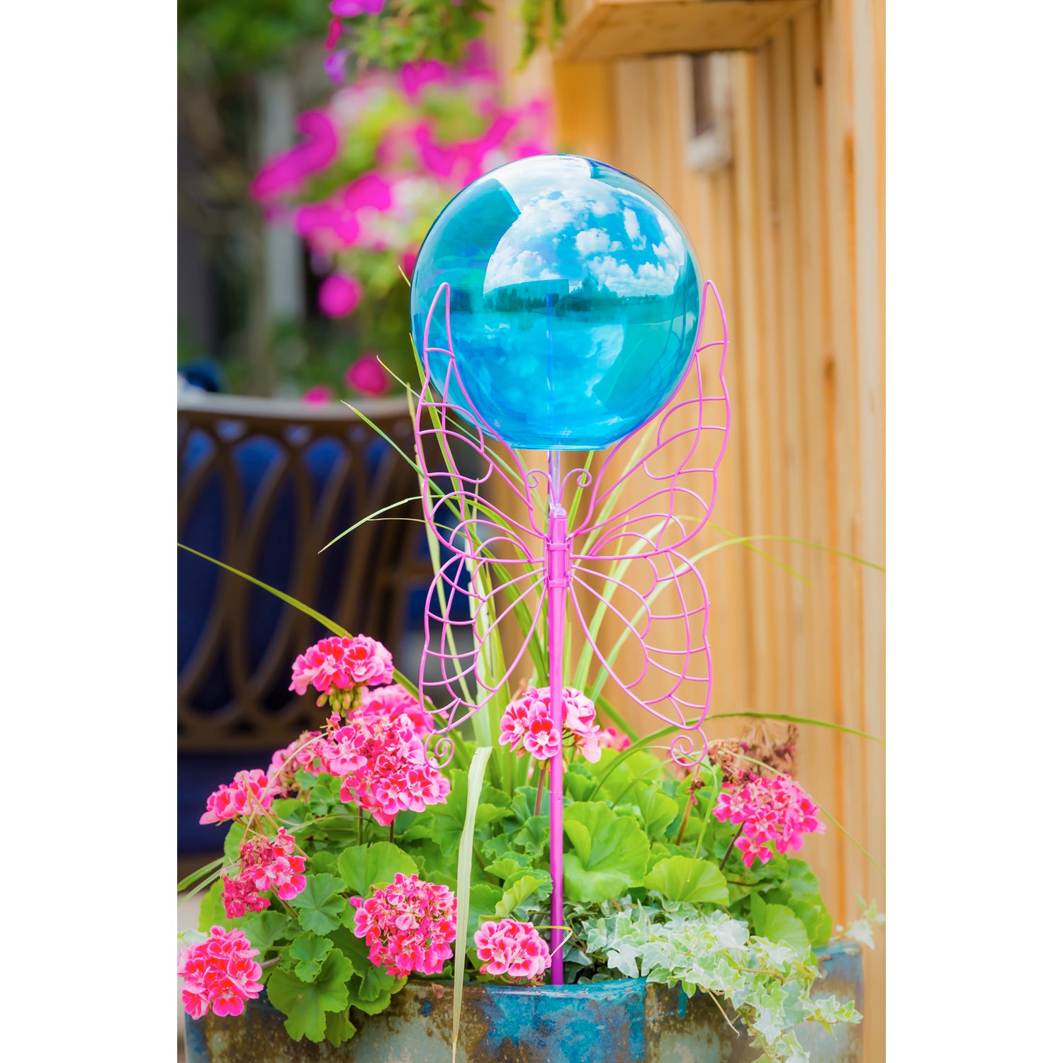 Blue Glass Gazing Ball with Purple Butterfly Metal Stand