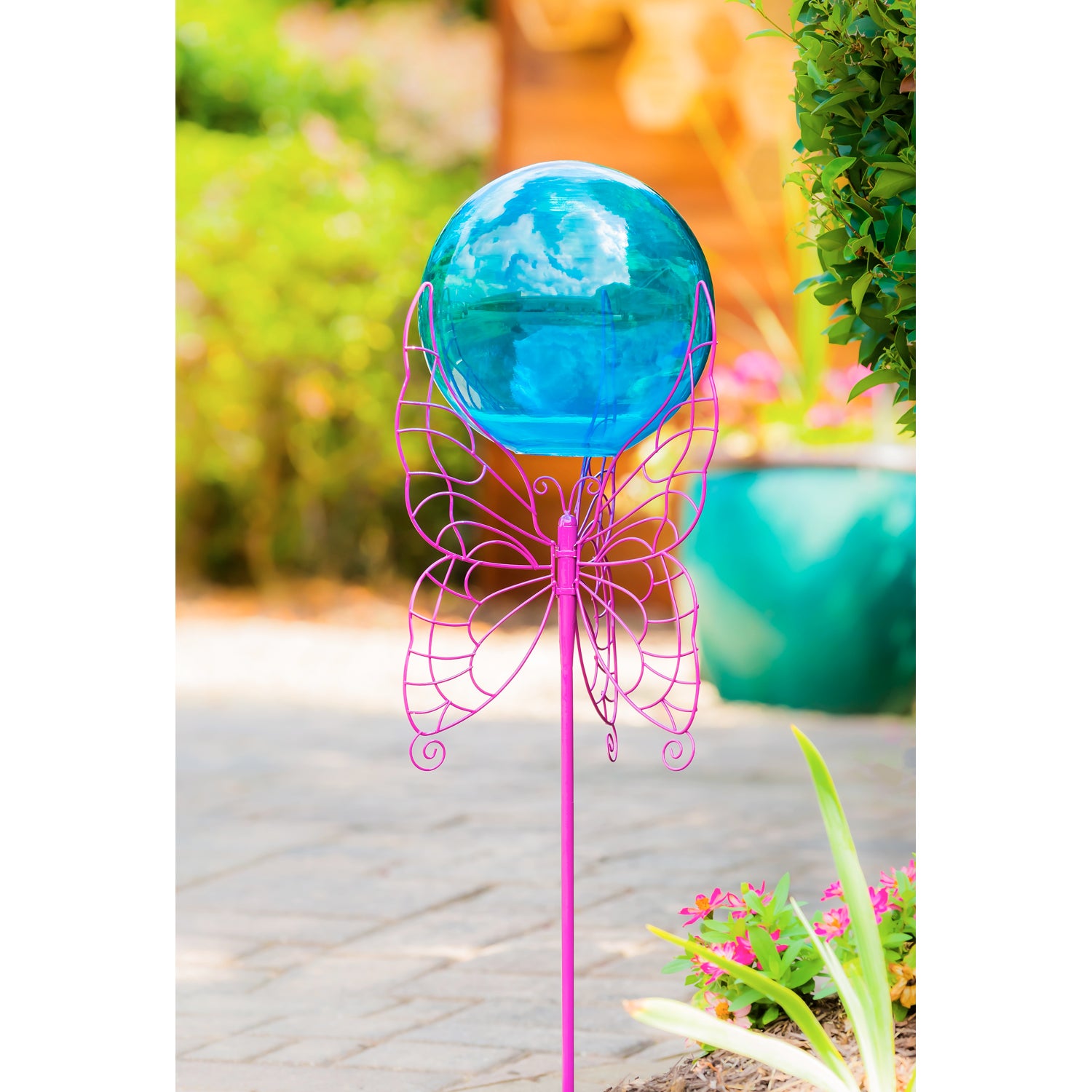 Blue Glass Gazing Ball with Purple Butterfly Metal Stand