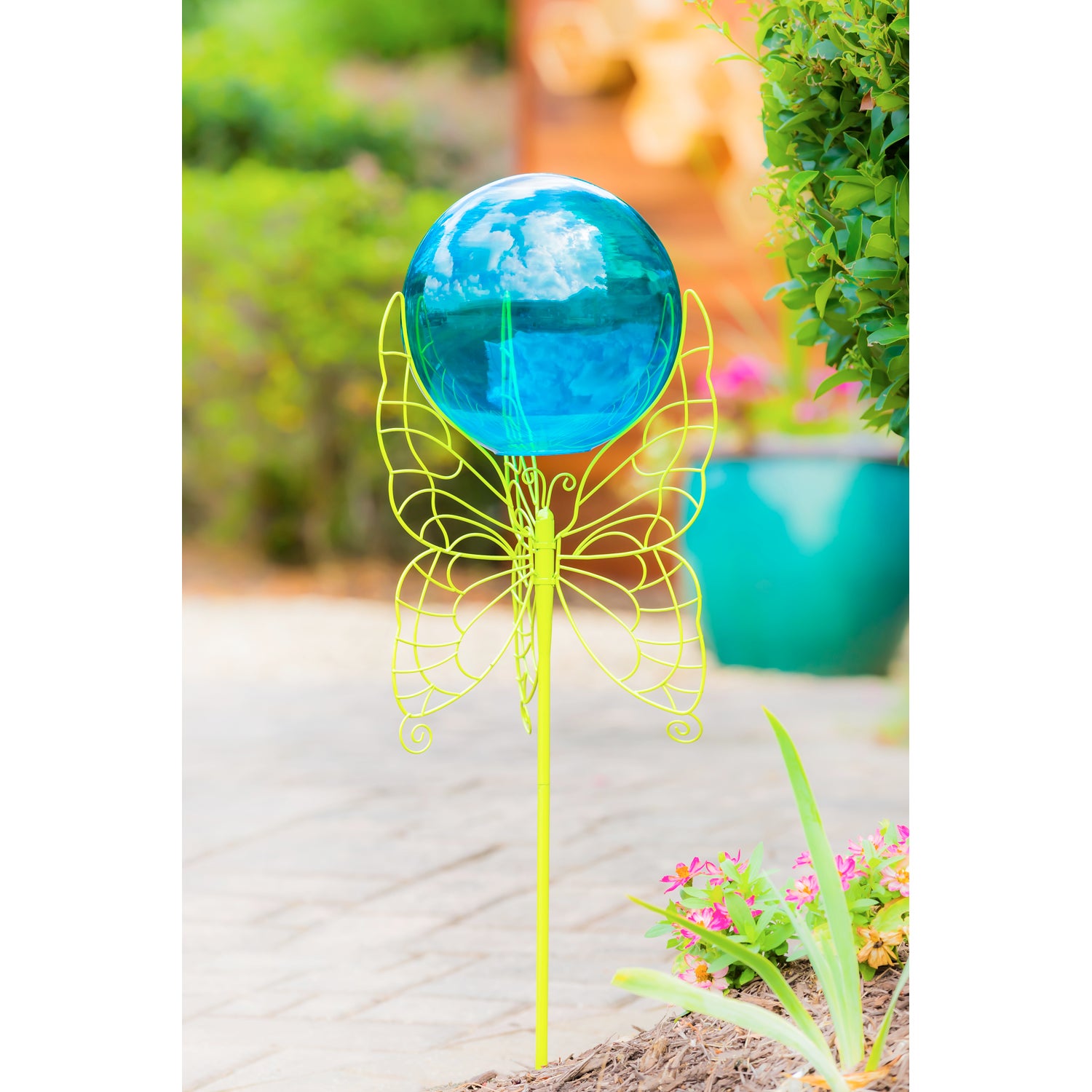 Blue Glass Gazing Ball with Green Butterfly Metal Stand