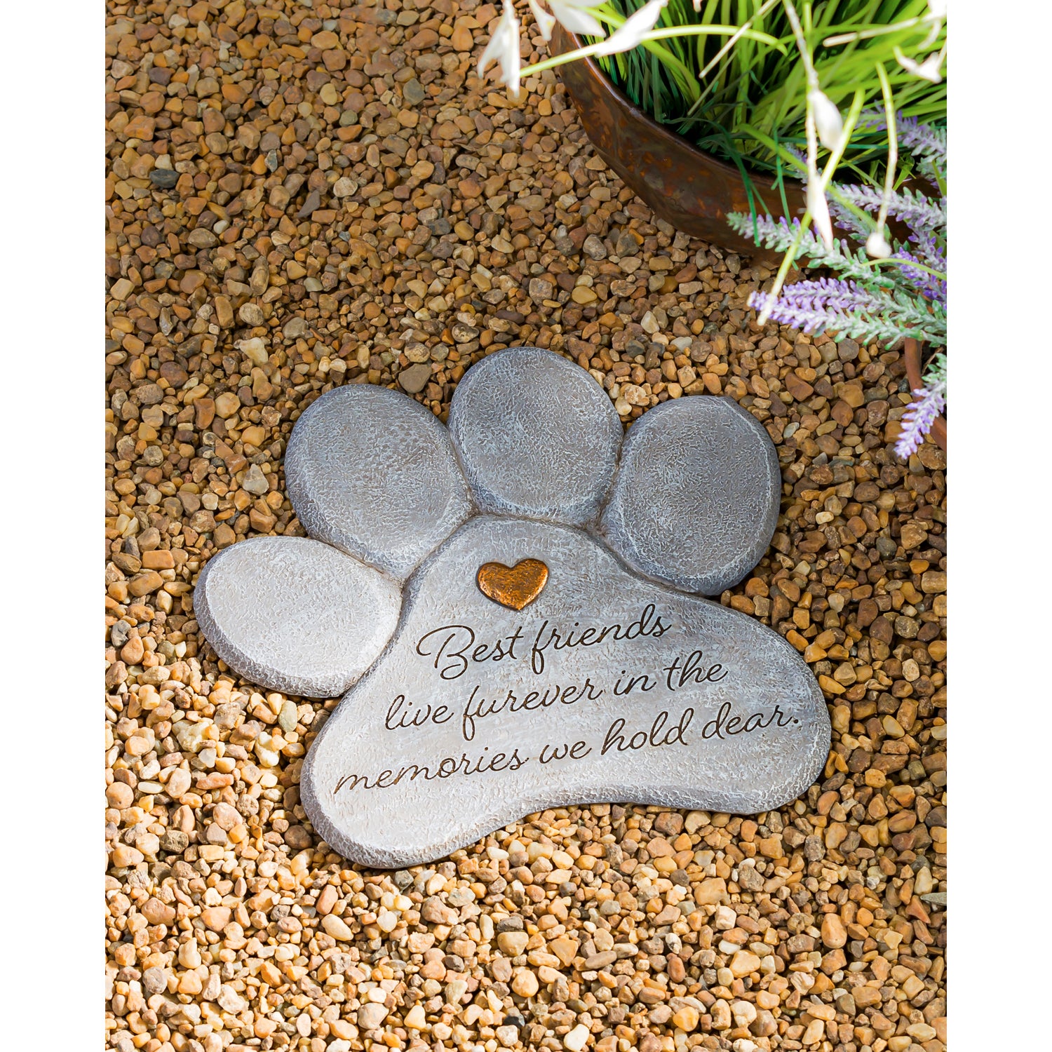 Dog Silhouette 11" Paw Shaped Pet Memorial Garden Stone, Best Friends Live Forever