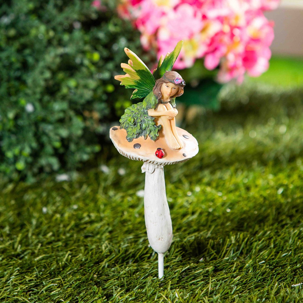 Fairy On Mushrooms with Ladybug Garden Stakes