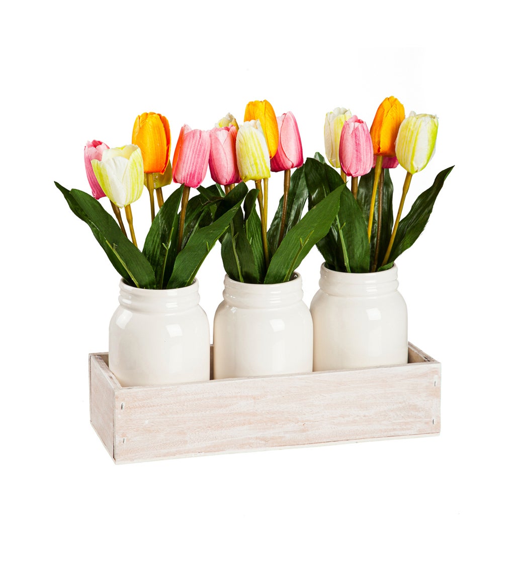 Tulips in Ceramic Jars with Wood Box Table Decor