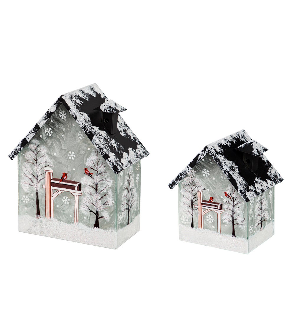 LED Glass House with Winter Scene Table Decor, Set of 2