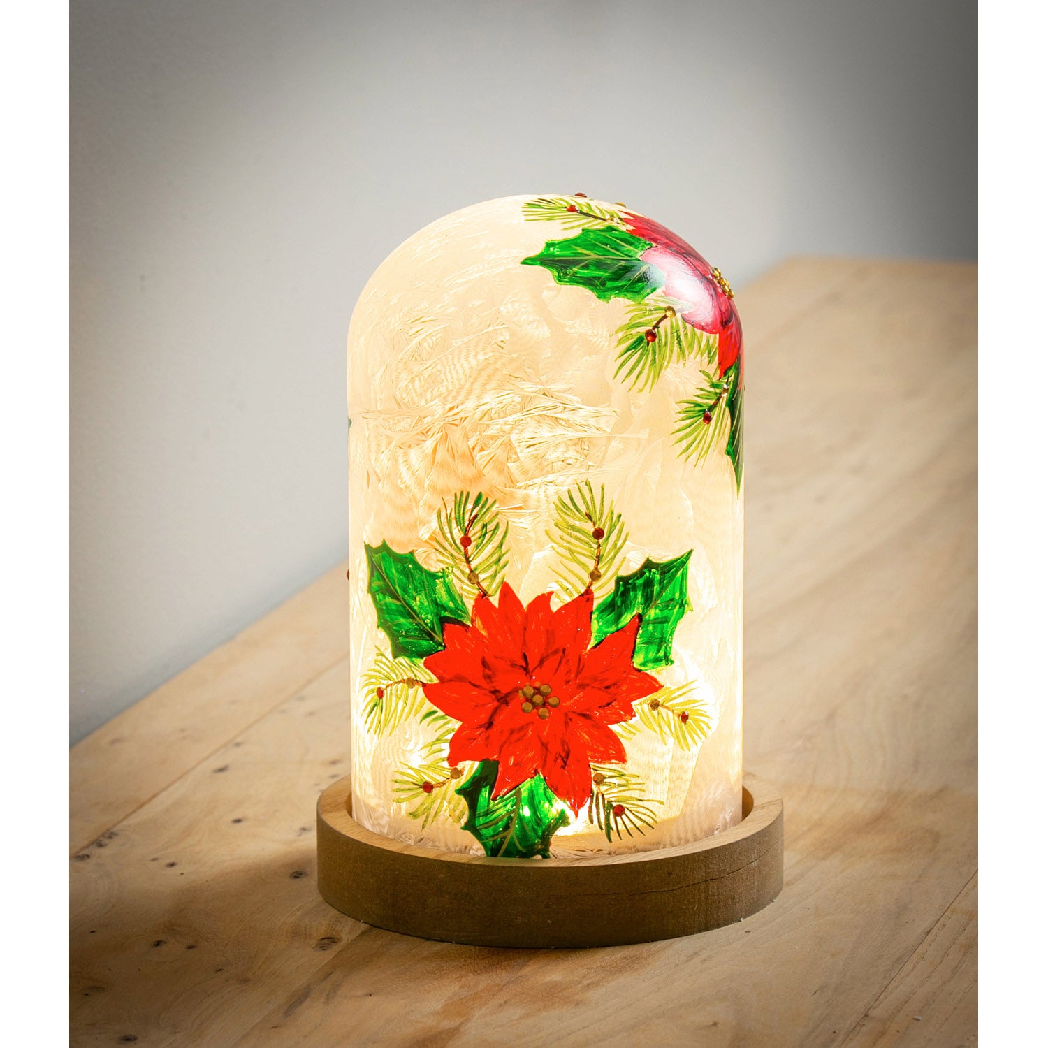 Glass Handpainted Poinsettia LED Cloche w/ Wooden Base