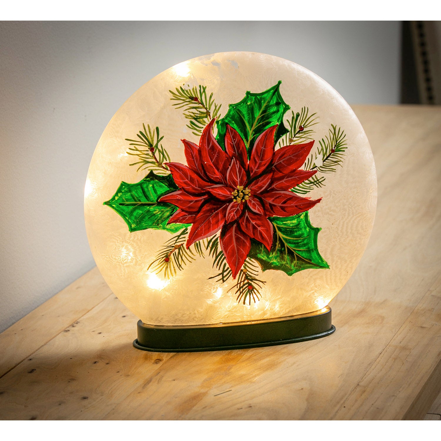 Glass Hand Painted Poinsettia LED Disc