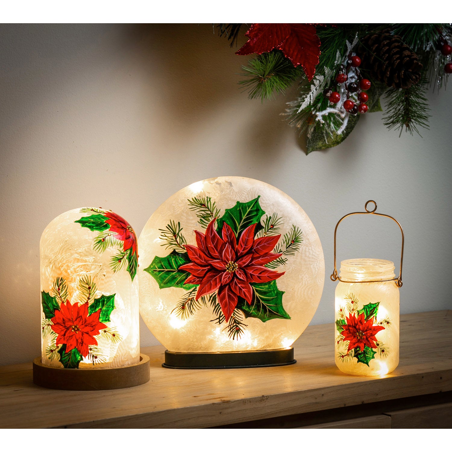 Glass Hand Painted Poinsettia LED Disc
