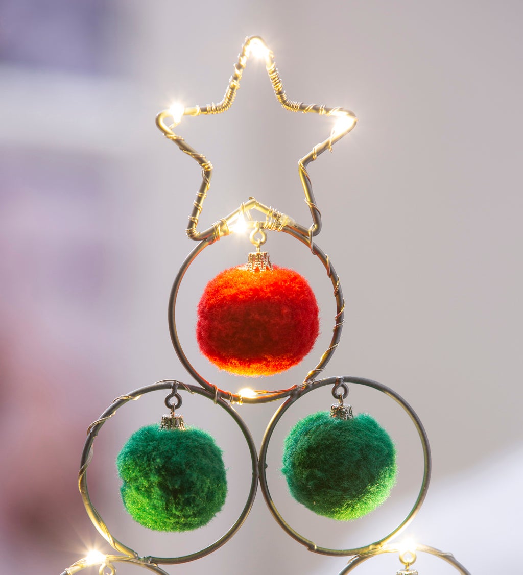 LED 16" Metal Tree with Pom Pom Ornaments Table Décor