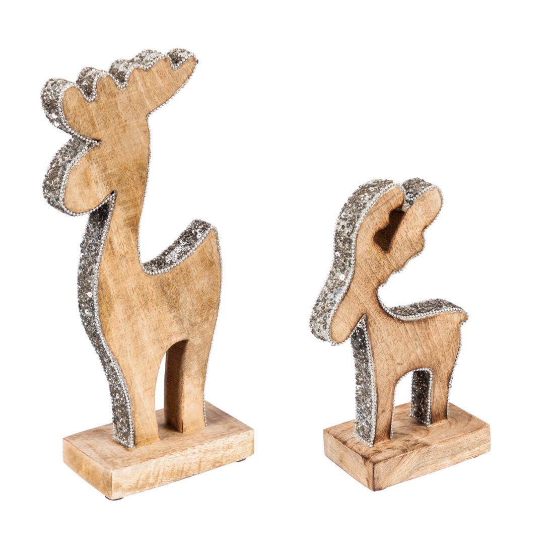 Mango Wood Reindeer with Silver Sequins Tabletop Decoration, Set of 2