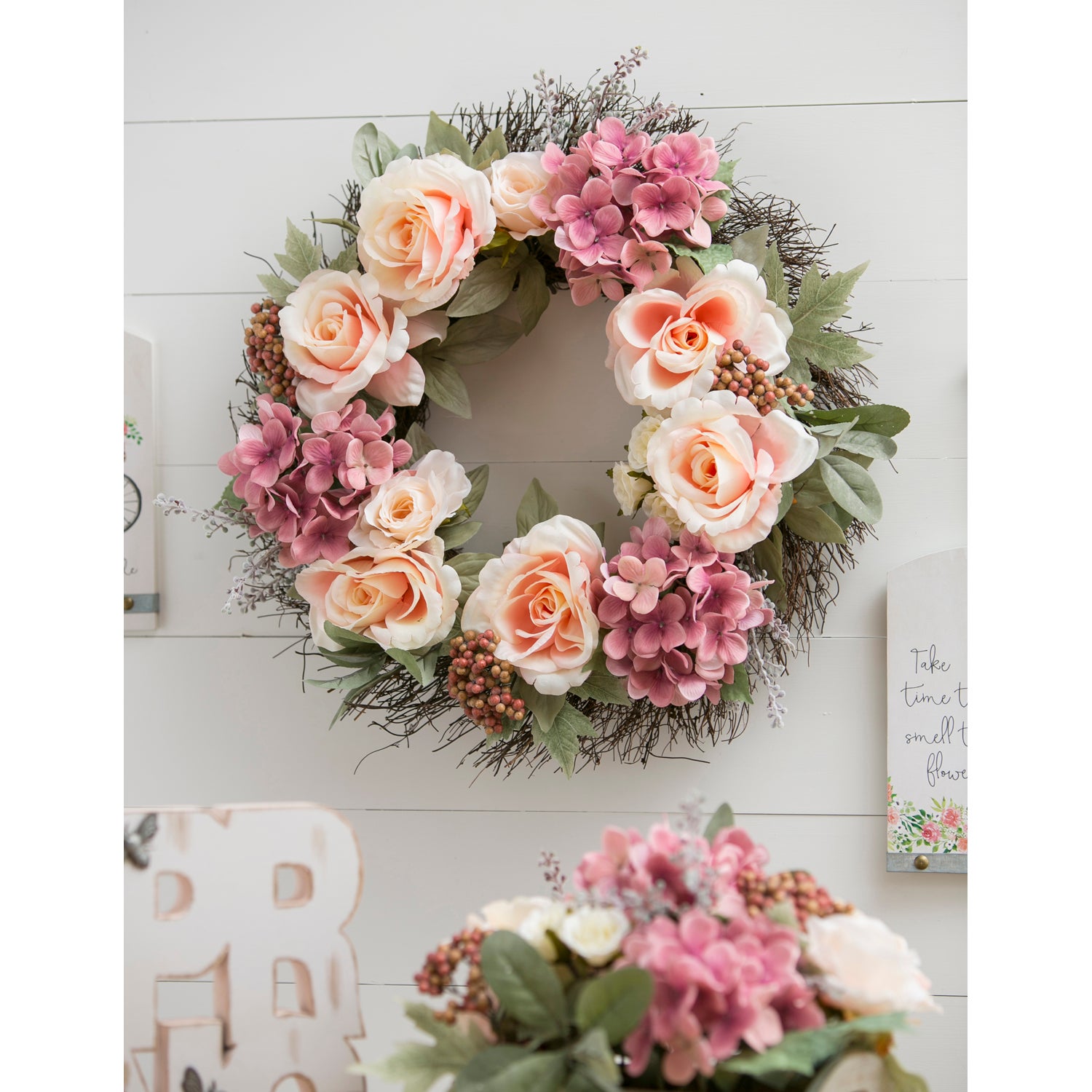 Twig Wreath with Roses, Hydrangeas, Pink Flowers, and Berries