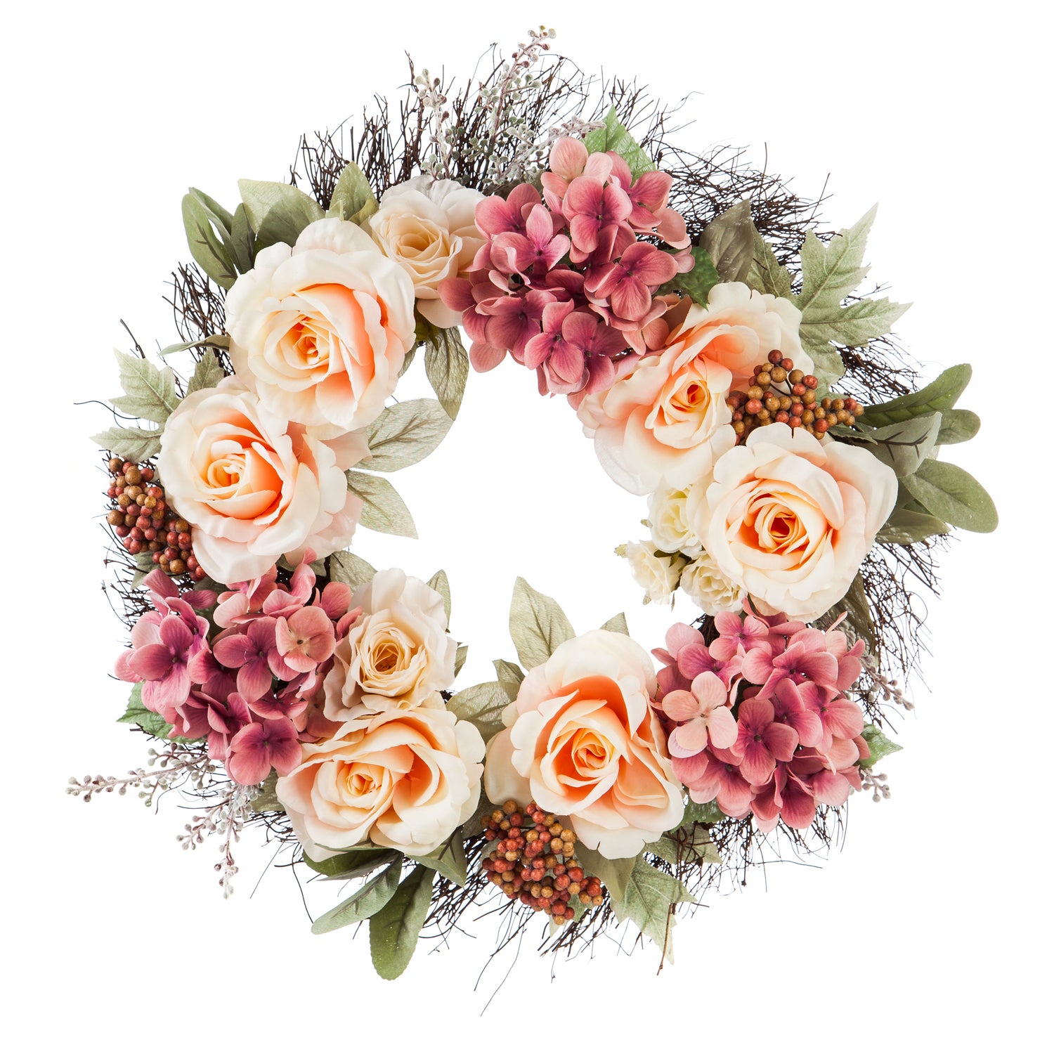 Twig Wreath with Roses, Hydrangeas, Pink Flowers, and Berries