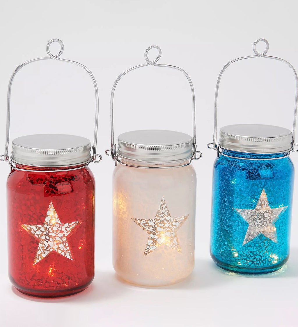 Glass Mason Jar w/String Lights in Americana Pattern